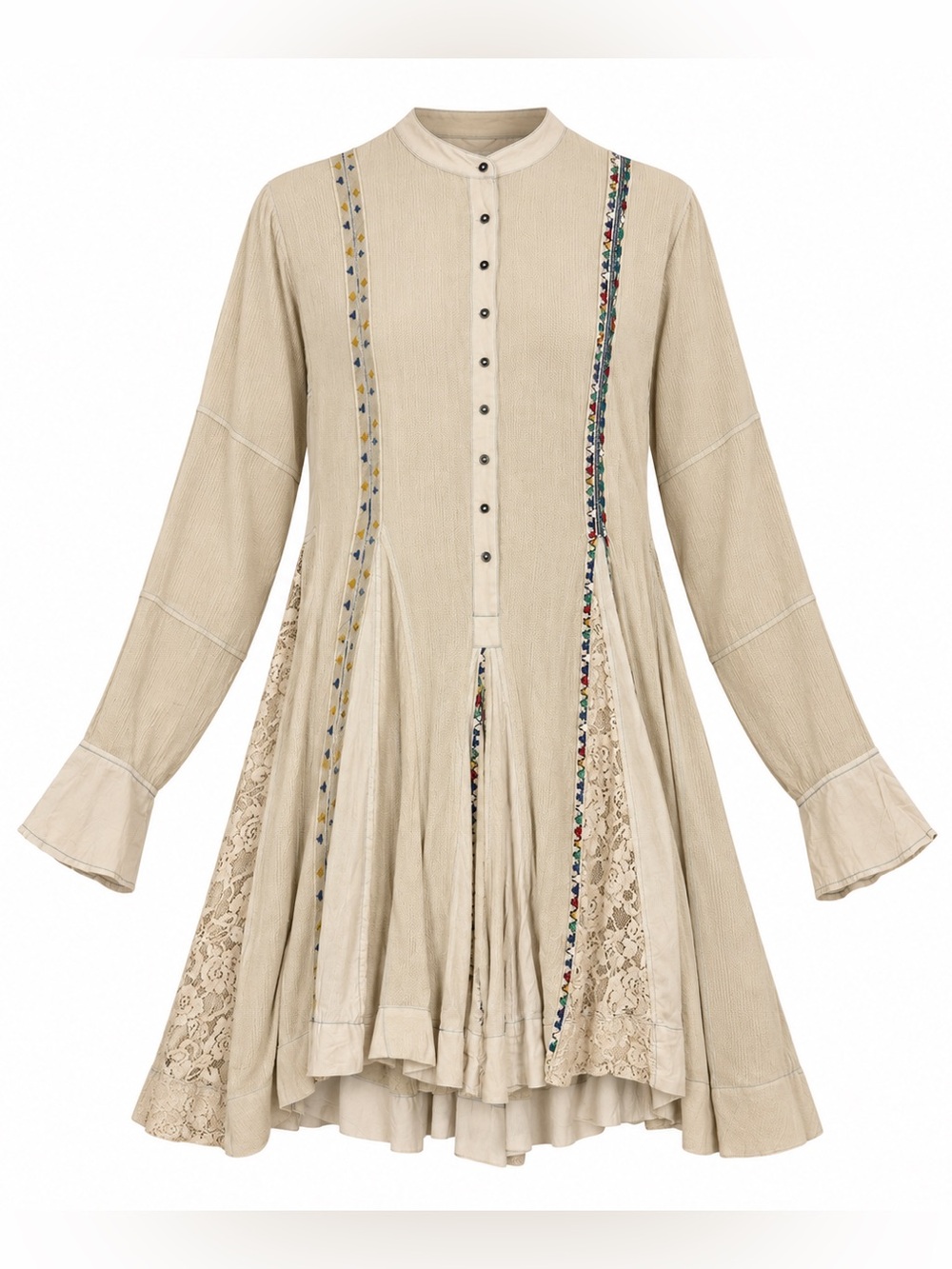 FP One Free People Gauze Tunic Dress Embroidered Lace Inset Mini Peasant Boho S
